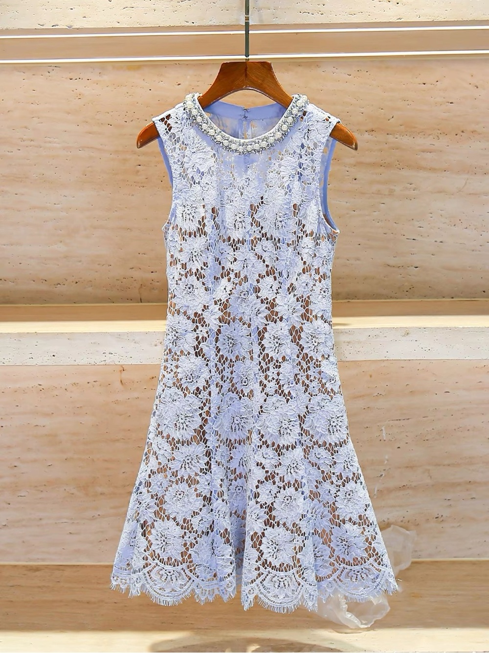 Self-portrait Sleeveless White Lace A-Line Dress with Pearl Collar
